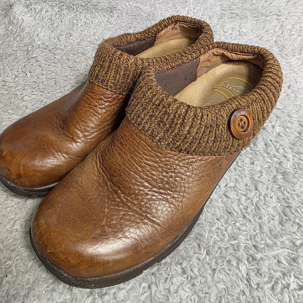 Dansko Leather Knit Collar Clog Mules Brown Button Comfort Womens EU 39 US 8-8.5